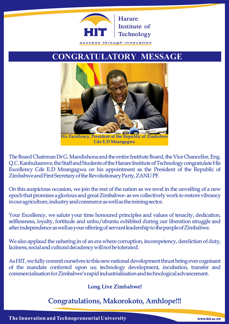 Congratulations to His Excellency, President of the Republic of Zimbabwe. Cde E.D Mnangagwa