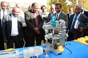 The Chief Secretary to the President and Cabinet Dr. Misheck Sibanda (Third from left) and his delegation being shown some of the technological projects and products at HIT just before  launching GEEPP.