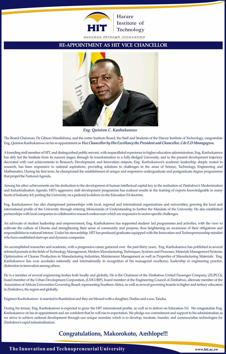 Eng. Quinton C. Kanhukamwe Re-Appointed HIT Vice Chancellor