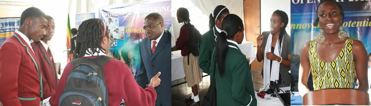 Some high school students interacting with some of the engineers at the women engineering open day while Hope Masike, a mbira musician provides entertainment