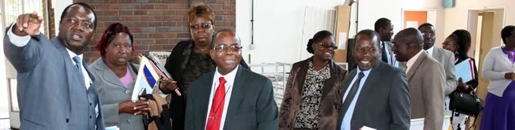 HIT Acting Vice Chancellor Engineer Quinton Kanhukamwe (Right) taking the ZIMCHE Chief Executive Officer, Professor Emmanuel Ngara, and his delegation on a tour of the Institute campus.